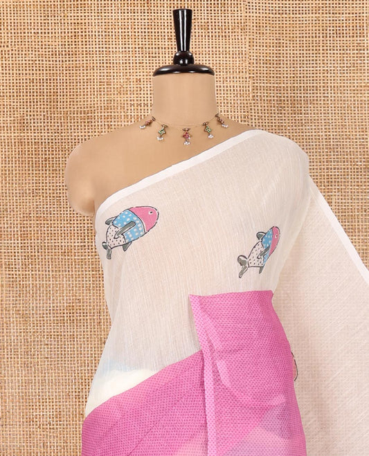 Borderless Cream and Pink Linen Cotton Saree, Bedecked with Half-and-Half Style Fish Motifs Printed All Over Its Body, Pallu Mirrors the Same Print, and Is Paired with a Contrast Blouse
