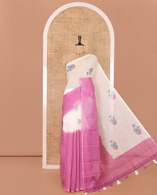 Borderless Cream and Pink Linen Cotton Saree, Bedecked with Half-and-Half Style Fish Motifs Printed All Over Its Body, Pallu Mirrors the Same Print, and Is Paired with a Contrast Blouse
