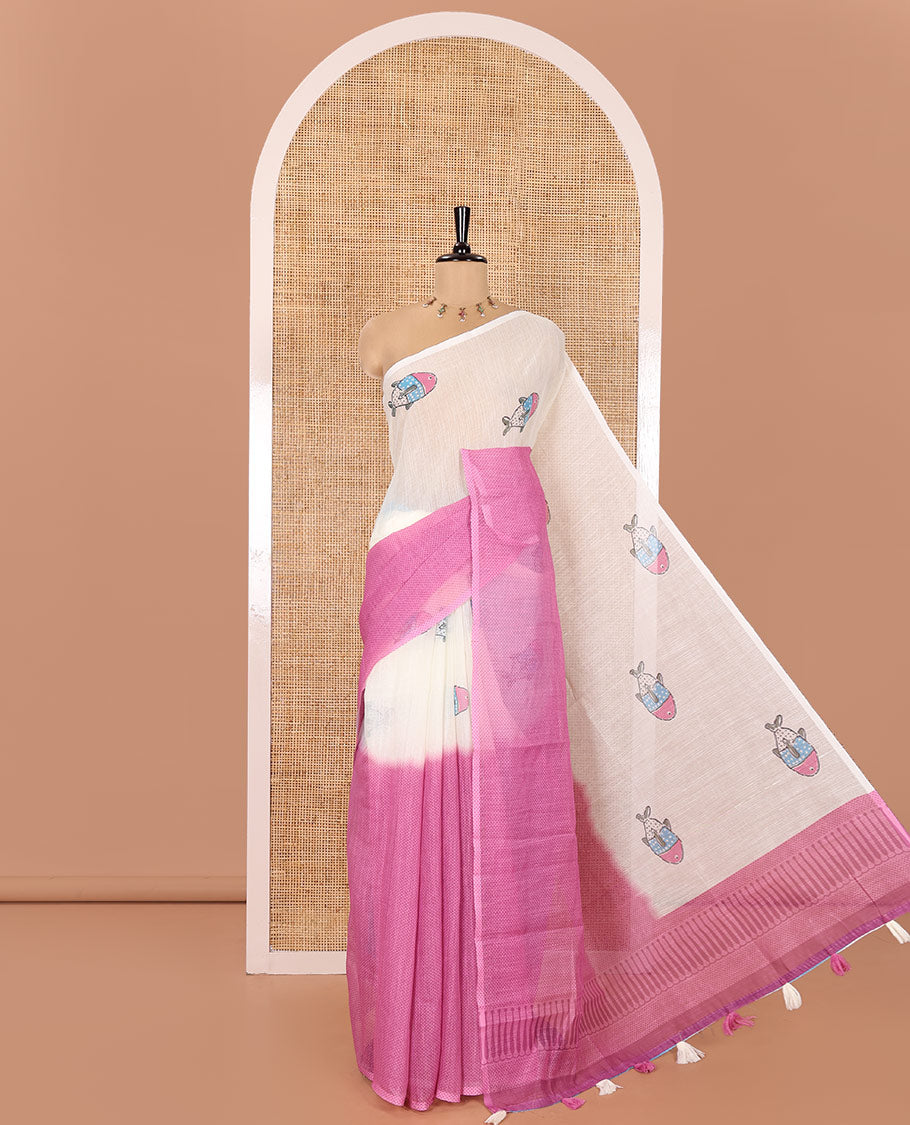 Borderless Cream and Pink Linen Cotton Saree, Bedecked with Half-and-Half Style Fish Motifs Printed All Over Its Body, Pallu Mirrors the Same Print, and Is Paired with a Contrast Blouse