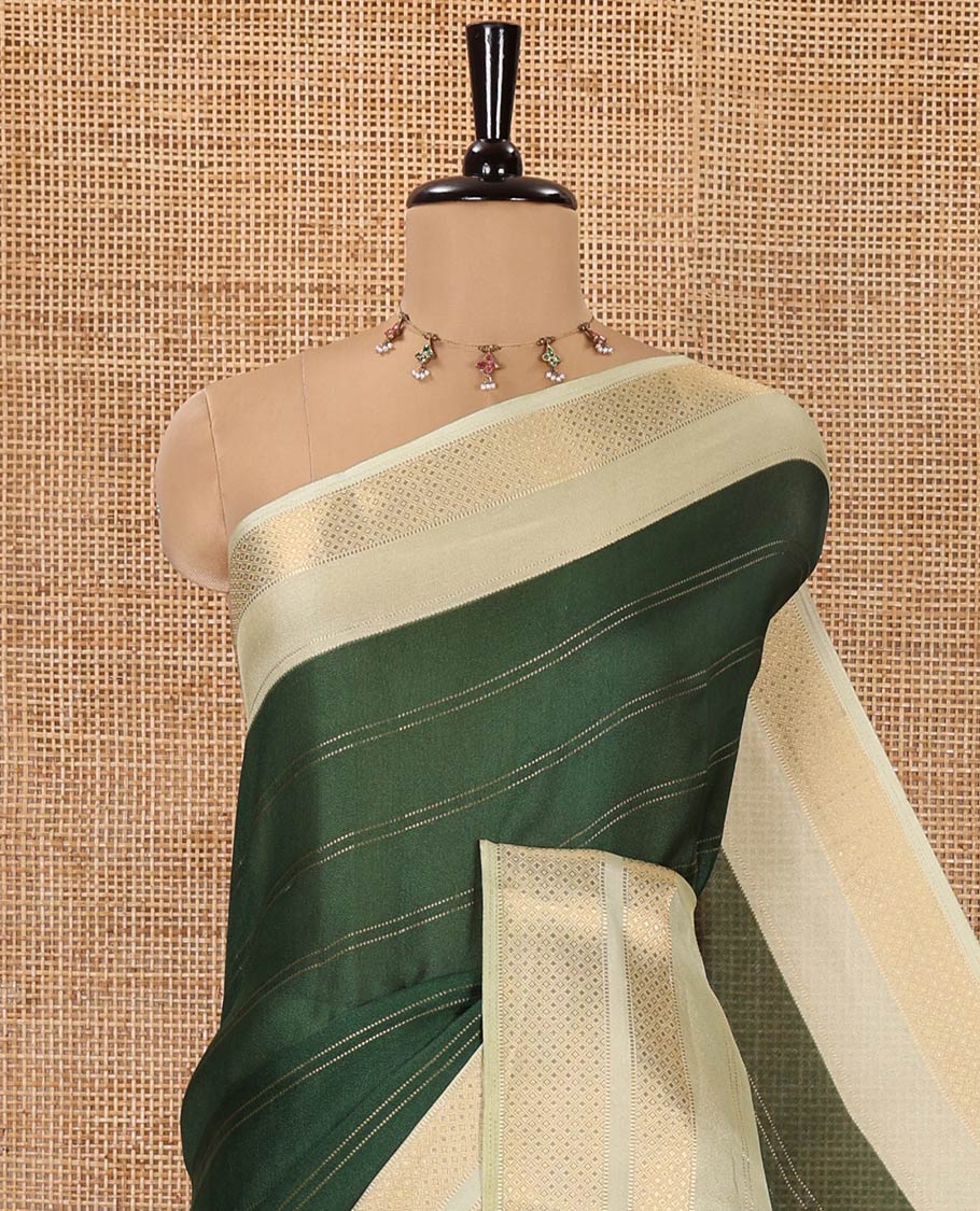 Green Milan Moss Chiffon Saree, Accentuated with Stripes on Its Body, Complemented by a Contrast Geometric-Patterned Zari Border, Pallu of Stripes and Temple Designs, and Paired with a Contrast Blouse