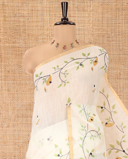 Lemon Yellow Linen Cotton Saree, Accentuated with Floral Vine Print and Mirror Work On Its Body, Subtle Piping Border, Pallu Steeped with Stripes, and Comes With a Contrast Blouse