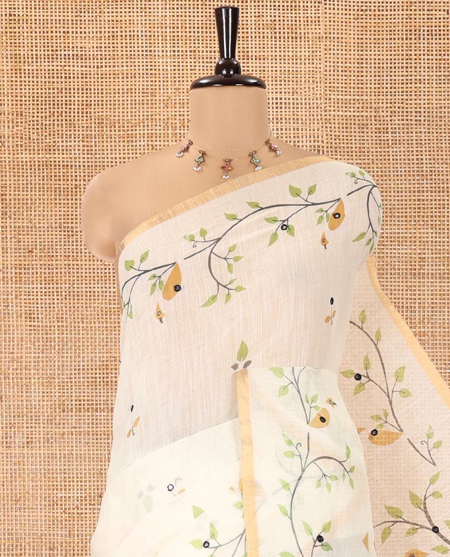 Lemon Yellow Linen Cotton Saree, Accentuated with Floral Vine Print and Mirror Work On Its Body, Subtle Piping Border, Pallu Steeped with Stripes, and Comes With a Contrast Blouse