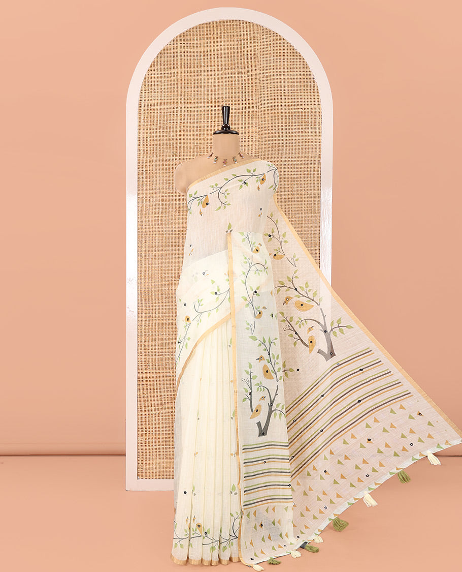Lemon Yellow Linen Cotton Saree, Accentuated with Floral Vine Print and Mirror Work On Its Body, Subtle Piping Border, Pallu Steeped with Stripes, and Comes With a Contrast Blouse