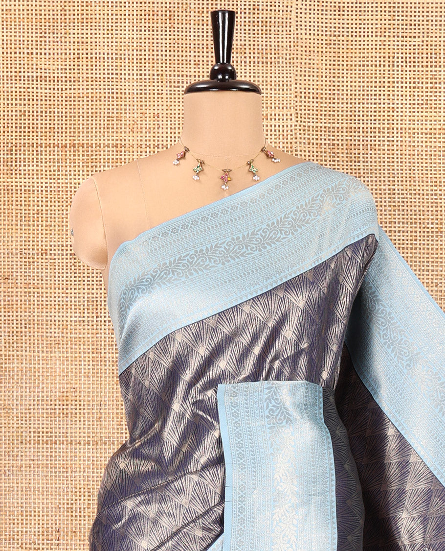 Navy Blue Kanchi Silk Saree, Decked up with Jacquard Design on Its Body, Complemented by a Contrast Traditional Zari Design Border, Sparsely Woven Pallu, and Paired with a Contrast Blouse
