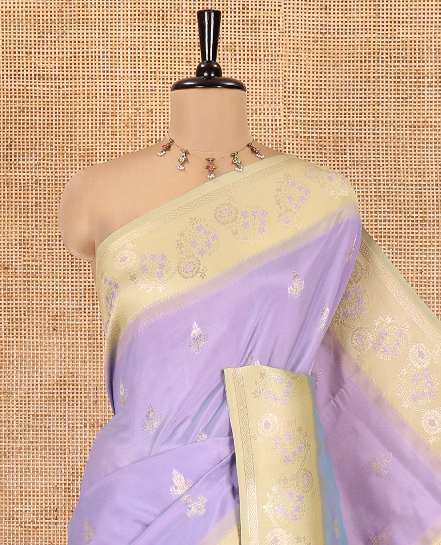 Lavender Elite Soft Silk Saree, Features Zari Buttas, Contrast Meenakari Floral Creeper Zari Border, Intricately Woven Pallu and a Contrast Blouse