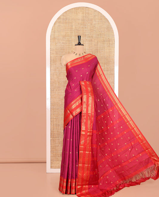 Magenta Softy Silk Saree, Embellished with Zari Buttas, Contrast Traditional Rettai Pettu Border, and a Contrast Blouse