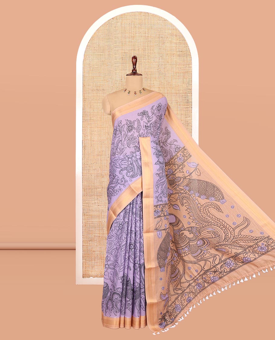 Lavender Mangalagiri Cotton Saree Features Kalamkari Flora-Fauna-Humans, a Contrast Border, and Printed Blouse