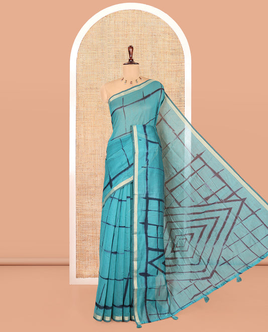 Rama Linen Cotton Saree, Adorned with Shibori Checks, a Subtle Piping Border, Geometric Pallu, and a Matching Blouse