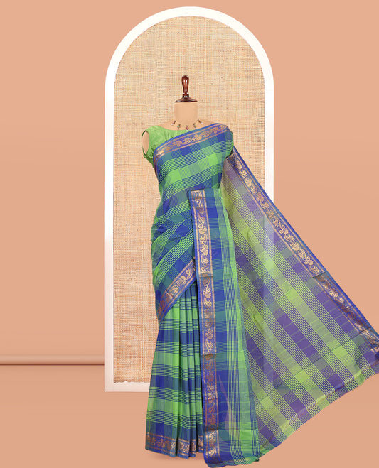 Green-Checked Chettinad Cotton Saree, a Floral Creeper Border, a Checked Pallu, and No Blouse