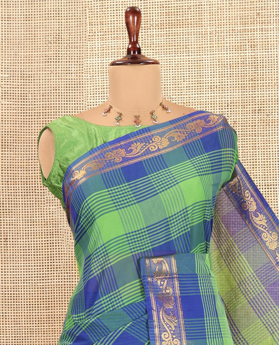 Green-Checked Chettinad Cotton Saree, a Floral Creeper Border, a Checked Pallu, and No Blouse