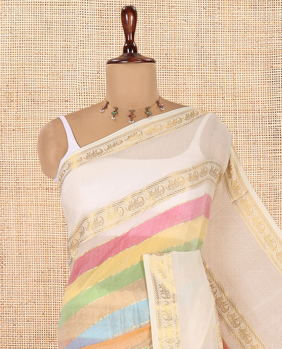 Cream Khadi Mul Cotton Saree