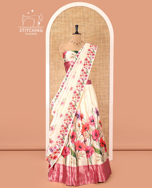 Cream-Rani Pink Semi-Silk Half-Saree, Features Floral Printed Skirt, Traditional Zari Border, a Matching Blouse, and a Floral Printed Semi-Silk Dhavani