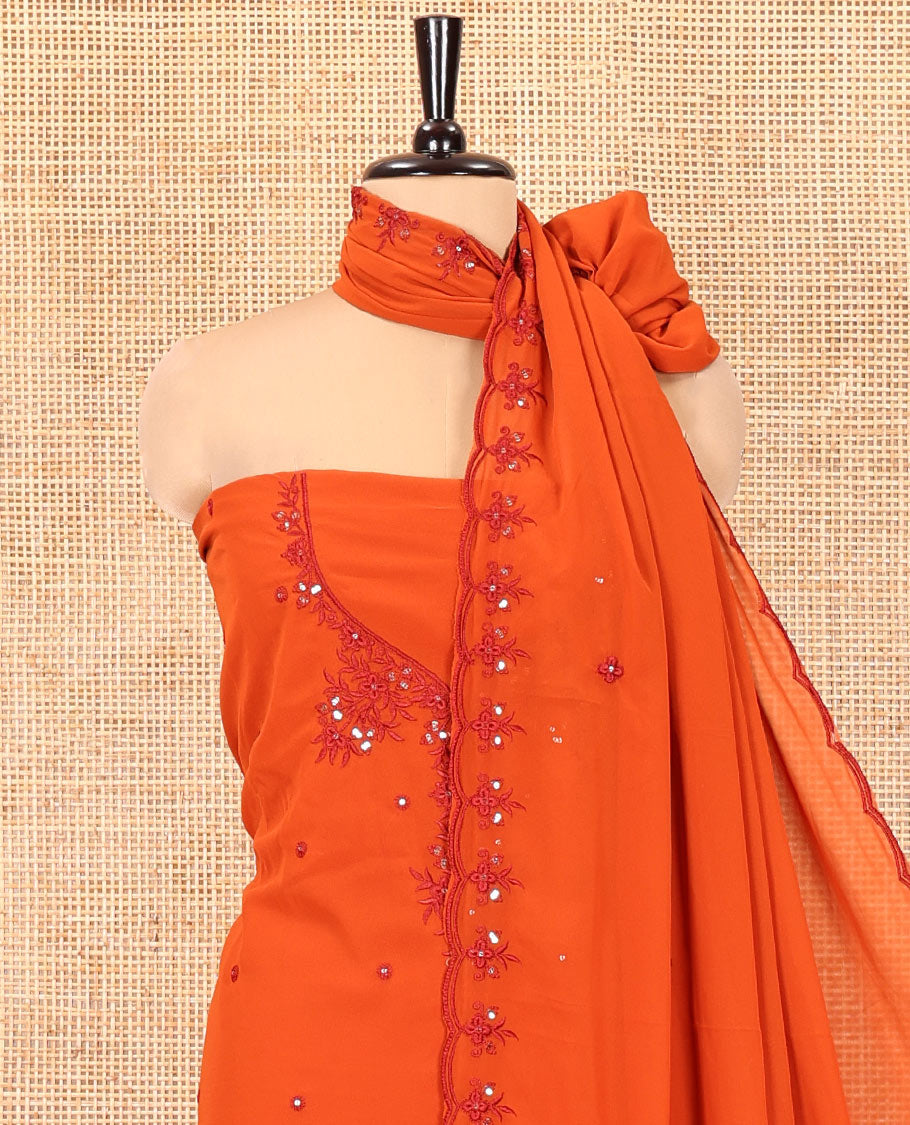 Rust-Red Georgette Material Chudidar Set, Features Thread and Mirror Work Top, a Plain Santoon Bottom, and an Embroidered Georgette Dupatta