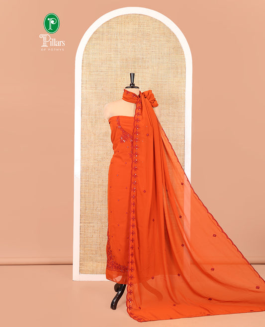 Rust-Red Georgette Material Chudidar Set, Features Thread and Mirror Work Top, a Plain Santoon Bottom, and an Embroidered Georgette Dupatta