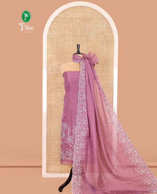 Lavender Organza Crushed Material Churidar Set, Elegantly Bedecked with Floral-Themed Thread Embroidery Top, Comes with a Plain Santoon Bottom, and Is Paired with Organza Crushed Dupatta of Floral Thread Embroidery
