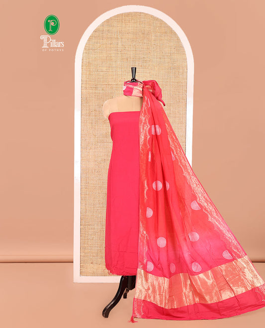Pink Semi Silk Material Churidar Set, Subtly Made Plain Top, a Plain Santoon Bottom, and Is Paired with a Dual-Colored Bandhani Motifs Semi Silk Dupatta