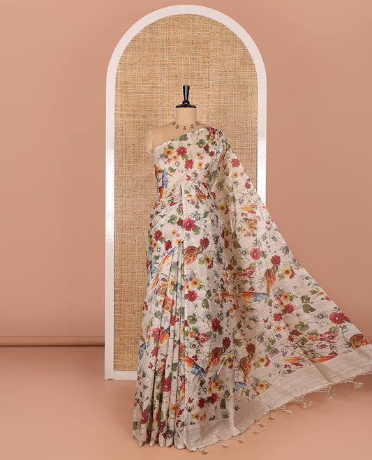 Borderless chikku-base multi-colored floral vine digital printed with buttas fancy tussar saree with a matching floral printed blouse