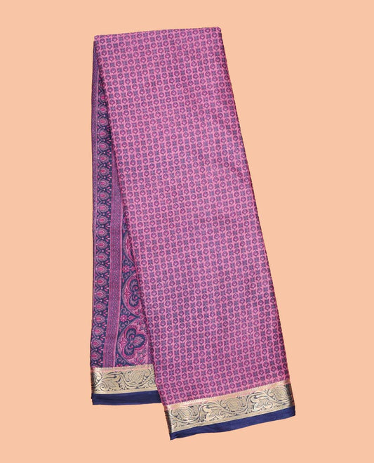 Pink micro-motifs printed semi-banaras printed saree, contrast floral & paisley vine border & intricate pallu 