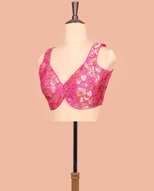 Rani pink floral meenakari jacquard front-back V-neck sleeveless readymade blouse