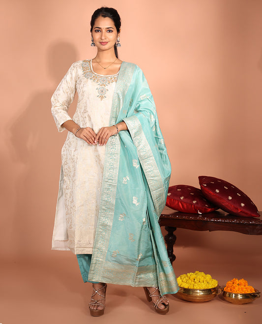 Cream Jacquard Readymade Suit