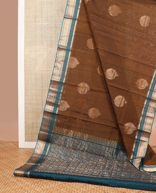 Brown motifs silk cotton saree with contrast zari design border & floral design pallu