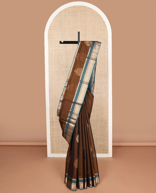 Brown motifs silk cotton saree with contrast zari design border & floral design pallu
