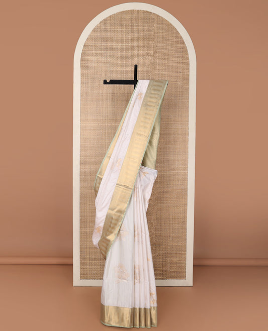 White striped, motifs soft silk saree with contrast striped border & floral design pallu