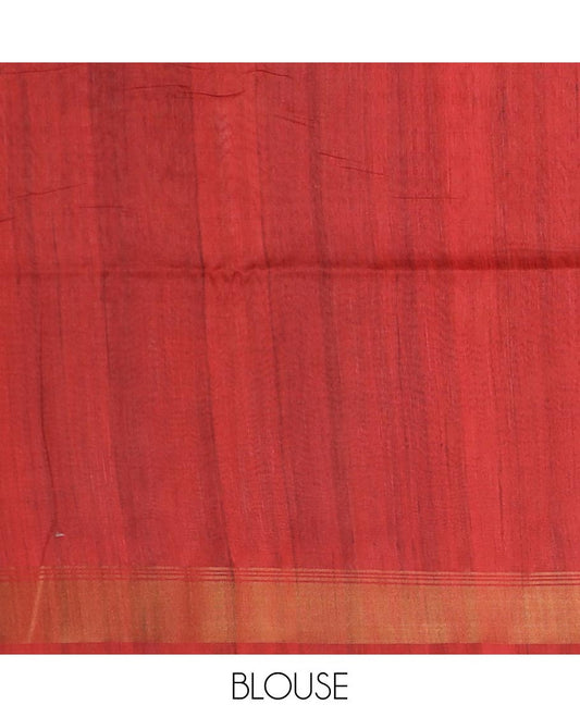 Red plain tussar silk saree, temple motifs zari bavanji border, and pallu printed ancient human, and elephant motifs