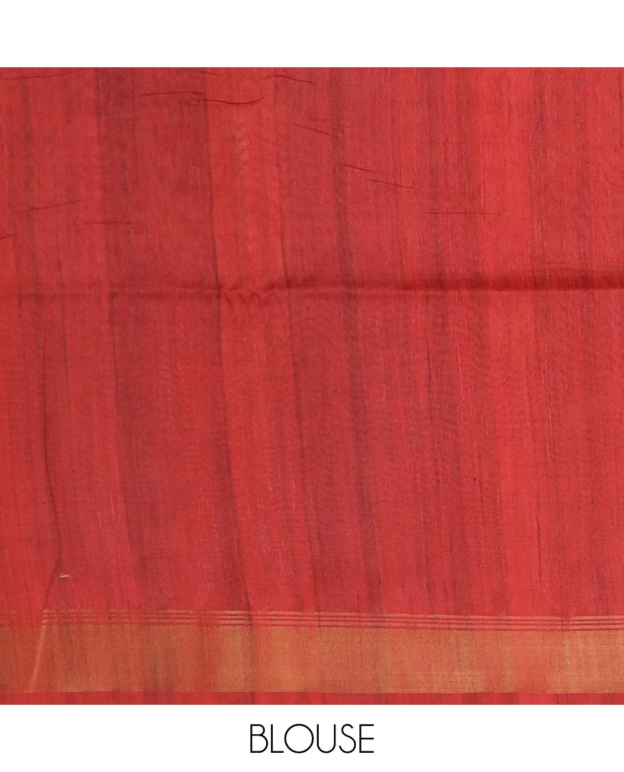Red plain tussar silk saree, temple motifs zari bavanji border, and pallu printed ancient human, and elephant motifs