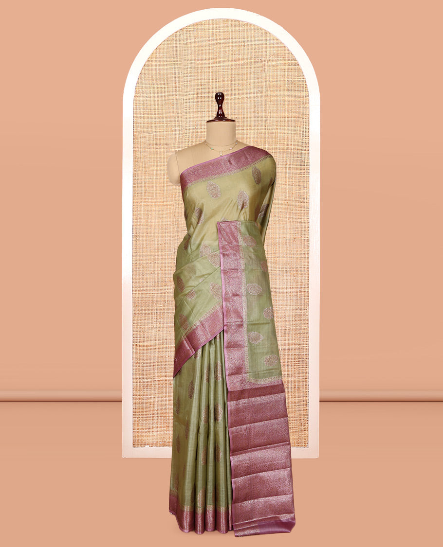 Green Tusser Silk Saree, Sparsely Woven with Zari Buttas, a Contrast Zari Border, Intricate Pallu, and a Contrast Blouse