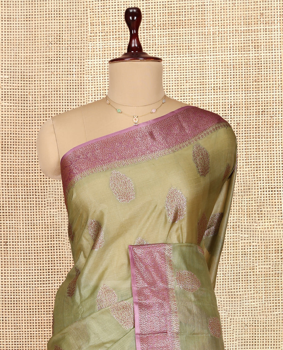 Green Tusser Silk Saree, Sparsely Woven with Zari Buttas, a Contrast Zari Border, Intricate Pallu, and a Contrast Blouse