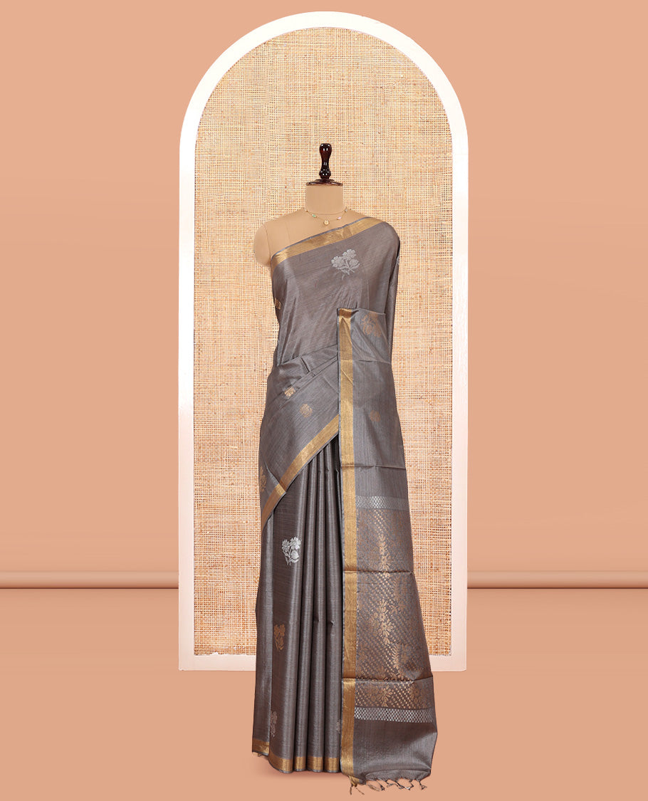Grey Tussar Saree, Showcasing Floral Buttas, a Subtle Zari Border, Pallu of Polka Dot and Floral Designs, and a Matching Blouse
