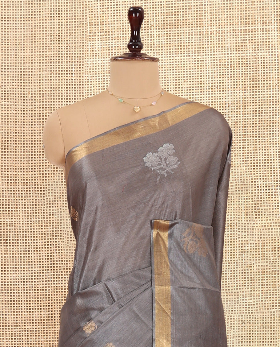 Grey Tussar Saree, Showcasing Floral Buttas, a Subtle Zari Border, Pallu of Polka Dot and Floral Designs, and a Matching Blouse