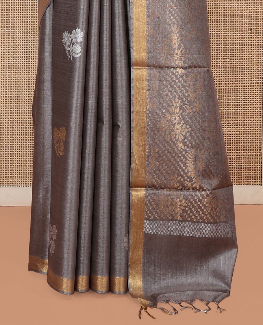 Grey Tussar Saree, Showcasing Floral Buttas, a Subtle Zari Border, Pallu of Polka Dot and Floral Designs, and a Matching Blouse