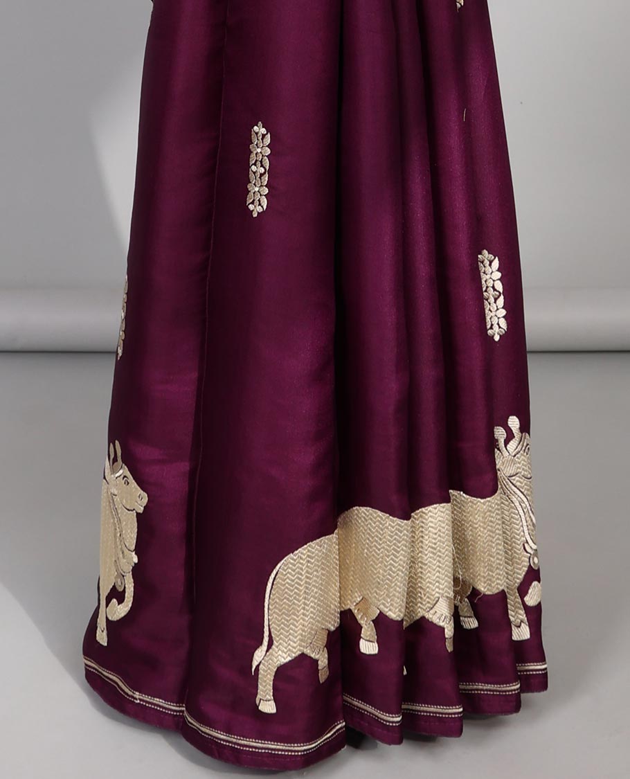 Purple  motifs semi- banaras tussar saree with self zari broder & pallu of Pichwai design