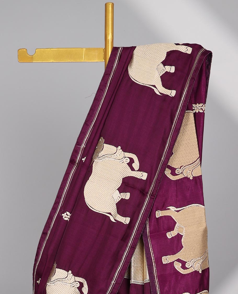Purple  motifs semi- banaras tussar saree with self zari broder & pallu of Pichwai design