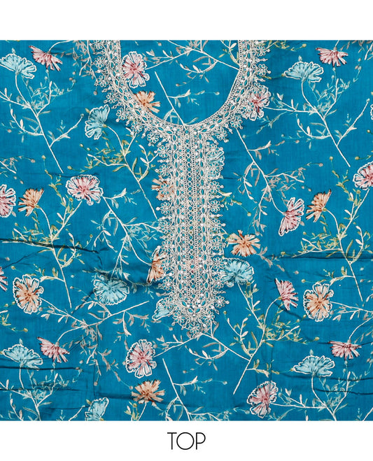 Blue material chudidar set, floral print with neck embroidered top, plain bottom, and contrast chevron sequins-thread striped dupatta