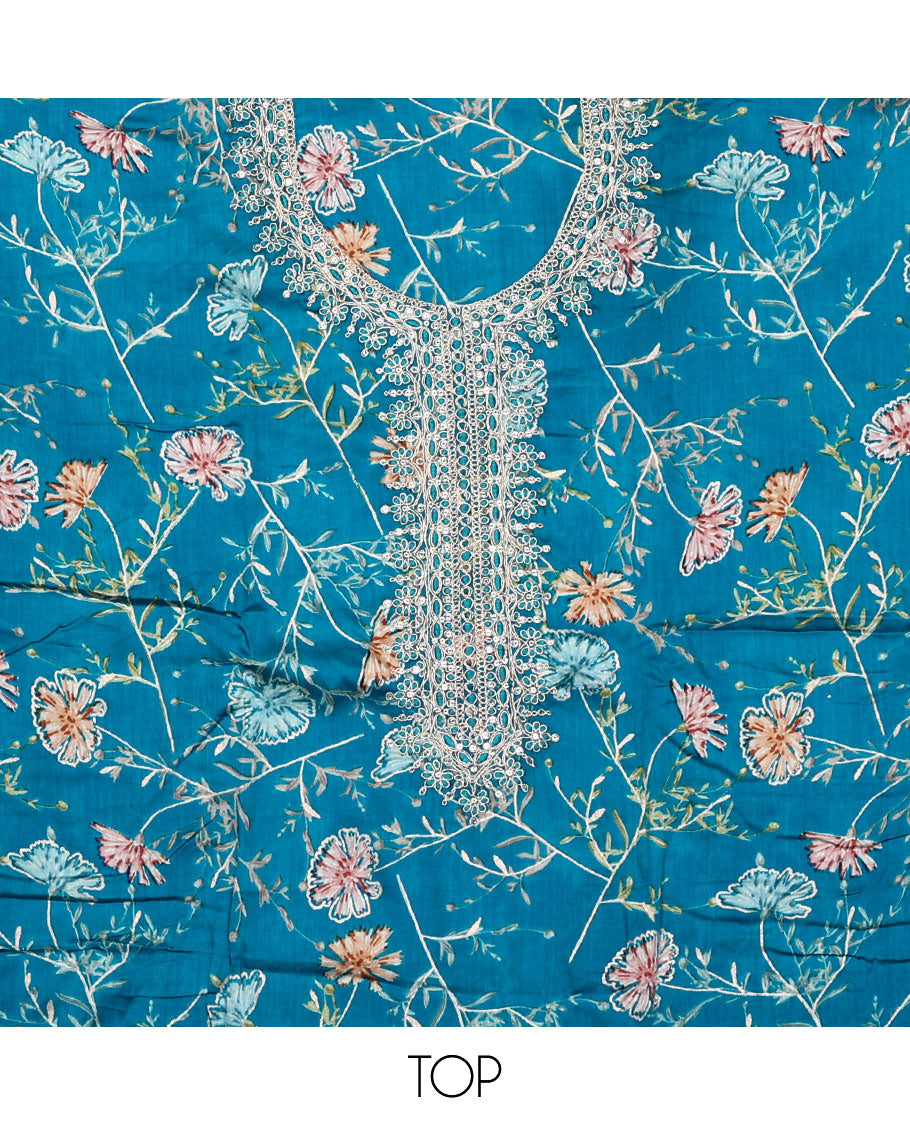 Blue material chudidar set, floral print with neck embroidered top, plain bottom, and contrast chevron sequins-thread striped dupatta
