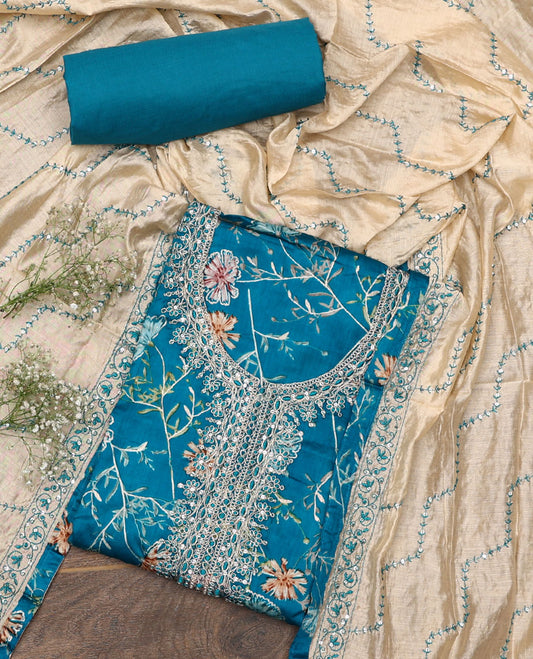 Blue material chudidar set, floral print with neck embroidered top, plain bottom, and contrast chevron sequins-thread striped dupatta