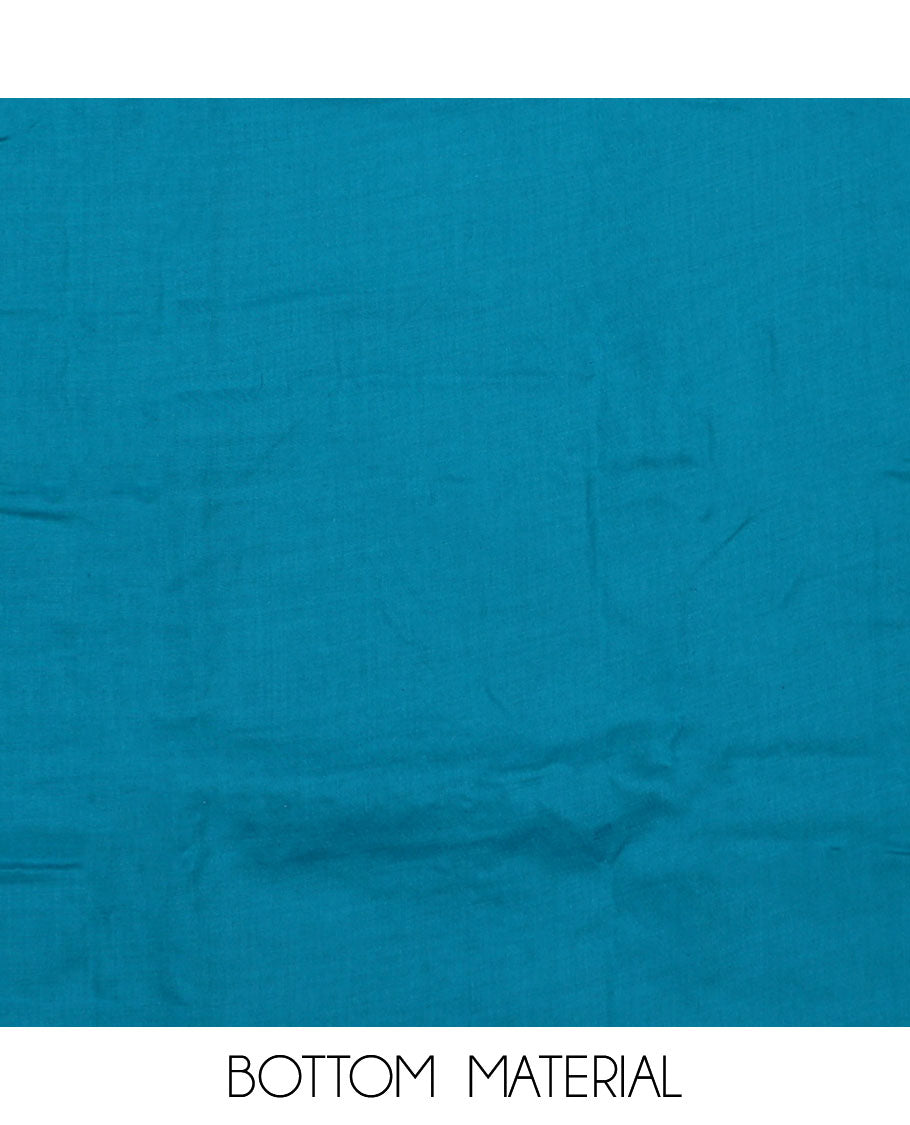 Blue material chudidar set, floral print with neck embroidered top, plain bottom, and contrast chevron sequins-thread striped dupatta