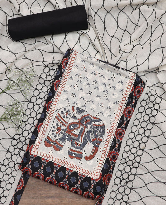 Black material chudidar set, geometric print with elephant print cut work patch embroidery top, plain bottom, and geometric thread embroidered dupatta