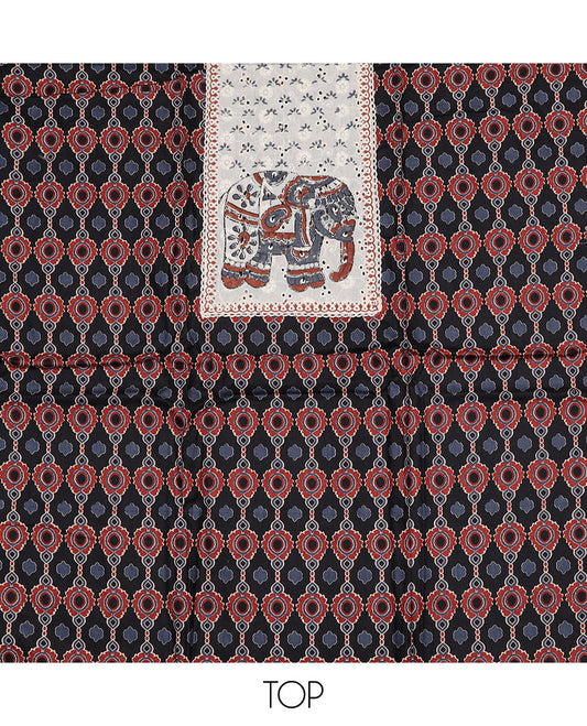 Black material chudidar set, geometric print with elephant print cut work patch embroidery top, plain bottom, and geometric thread embroidered dupatta