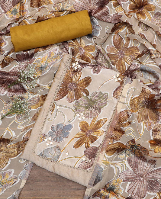 Beige and yellow material chudidar set, floral print with mirror work patch neck embroidered top, contrast bottom and floral printed dupatta