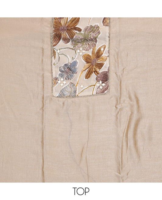 Beige and yellow material chudidar set, floral print with mirror work patch neck embroidered top, contrast bottom and floral printed dupatta