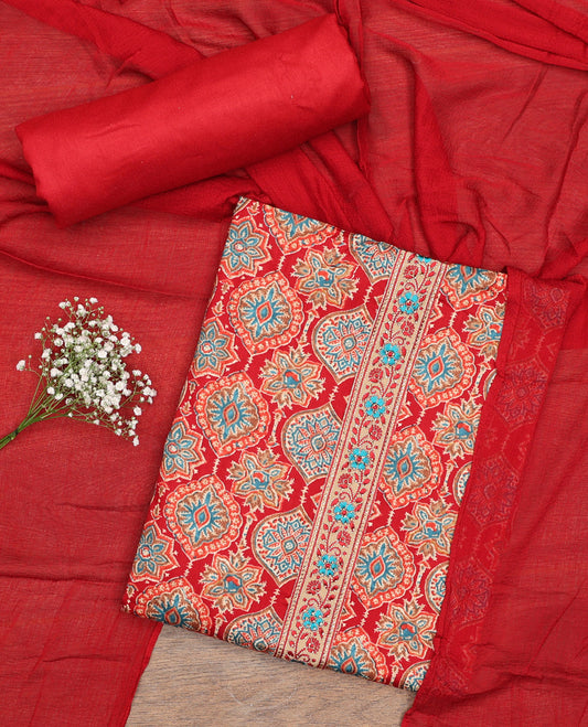 Red chudidhar material set floral design with thread embroidery, plain bottom & plain, floral design border dupatta