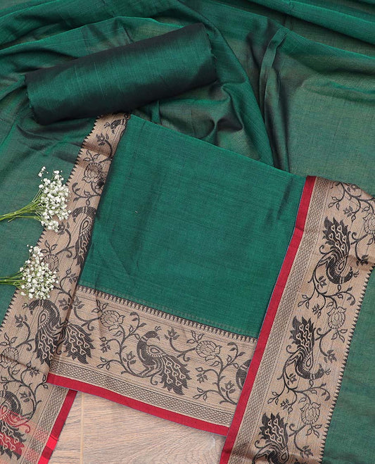 Dark green floral, peacock design chudidhar material top with plain bottom & plain, zari design border dupatta