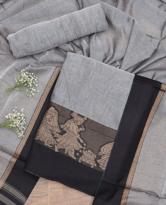 Grey wedding design chudidhar material top with plain bottom & plain, intricate zari design border dupatta