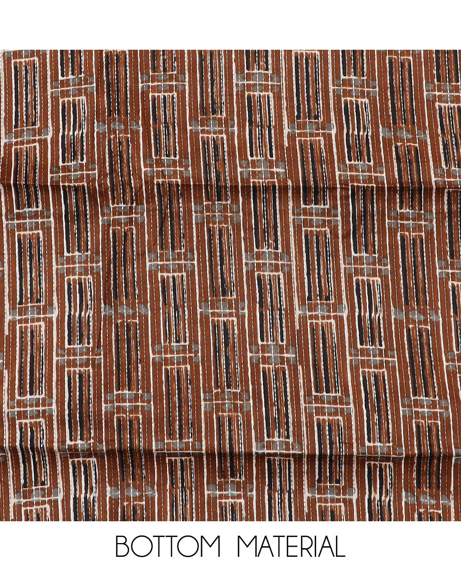 Brown material chudidar set, batik leheriya striped with mirror embroidered top, printed bottom and batik printed dupatta