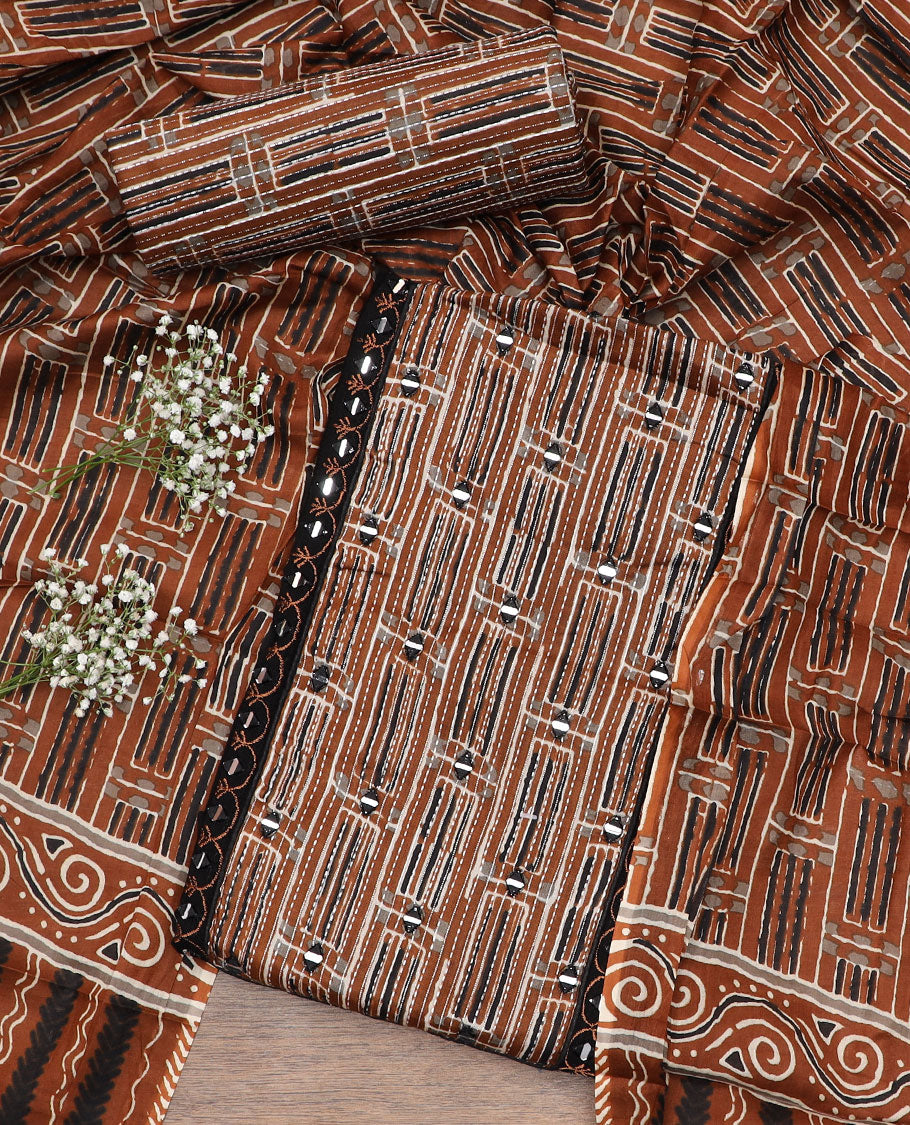 Brown material chudidar set, batik leheriya striped with mirror embroidered top, printed bottom and batik printed dupatta