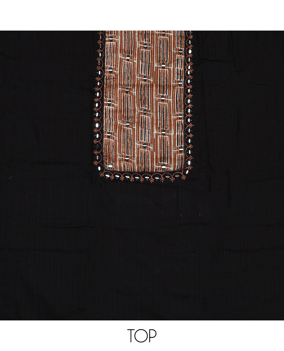 Brown material chudidar set, batik leheriya striped with mirror embroidered top, printed bottom and batik printed dupatta